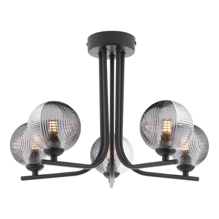 Dar CRA5422-18 Cradle 5 Light Semi Flush Matt Black With Smoked/Clear Ribbed Glass