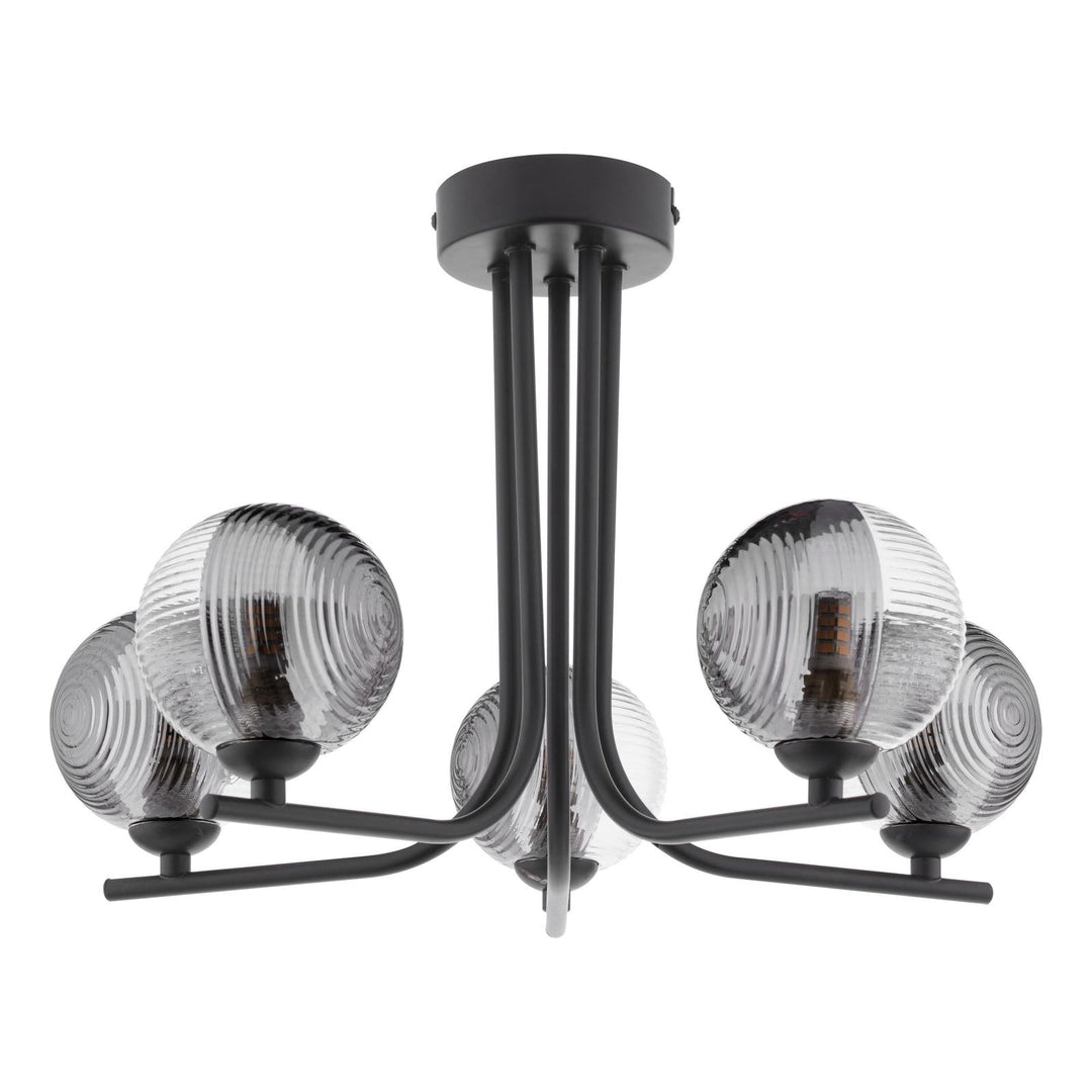 Dar CRA5422-18 Cradle 5 Light Semi Flush Matt Black With Smoked/Clear Ribbed Glass