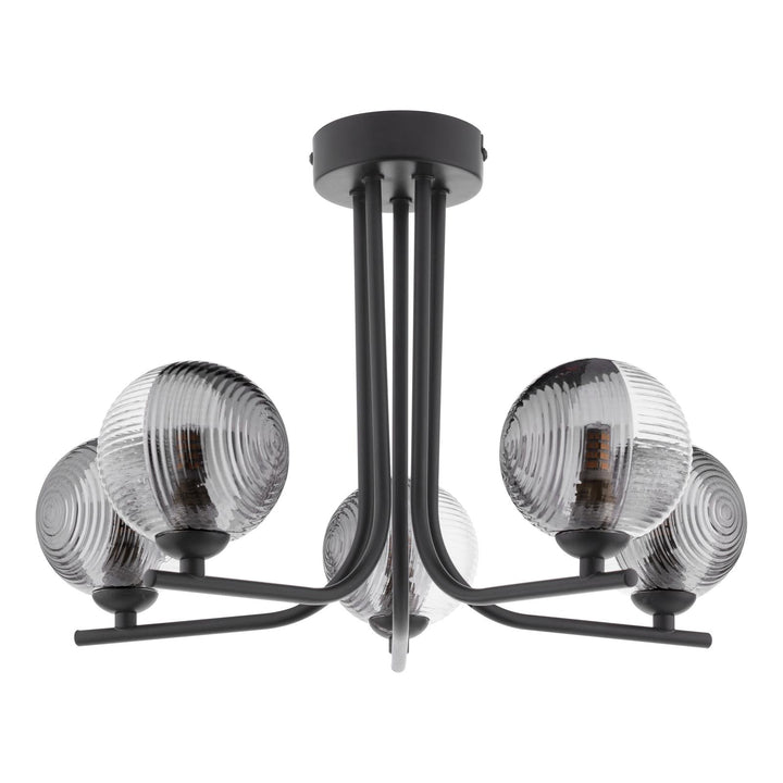 Dar CRA5422-18 Cradle 5 Light Semi Flush Matt Black With Smoked/Clear Ribbed Glass