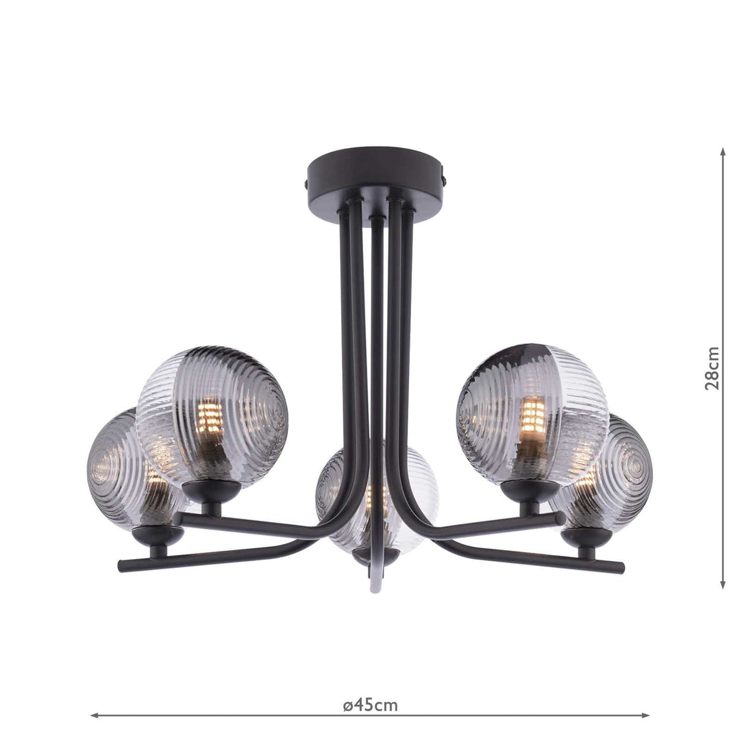 Dar CRA5422-18 Cradle 5 Light Semi Flush Matt Black With Smoked/Clear Ribbed Glass
