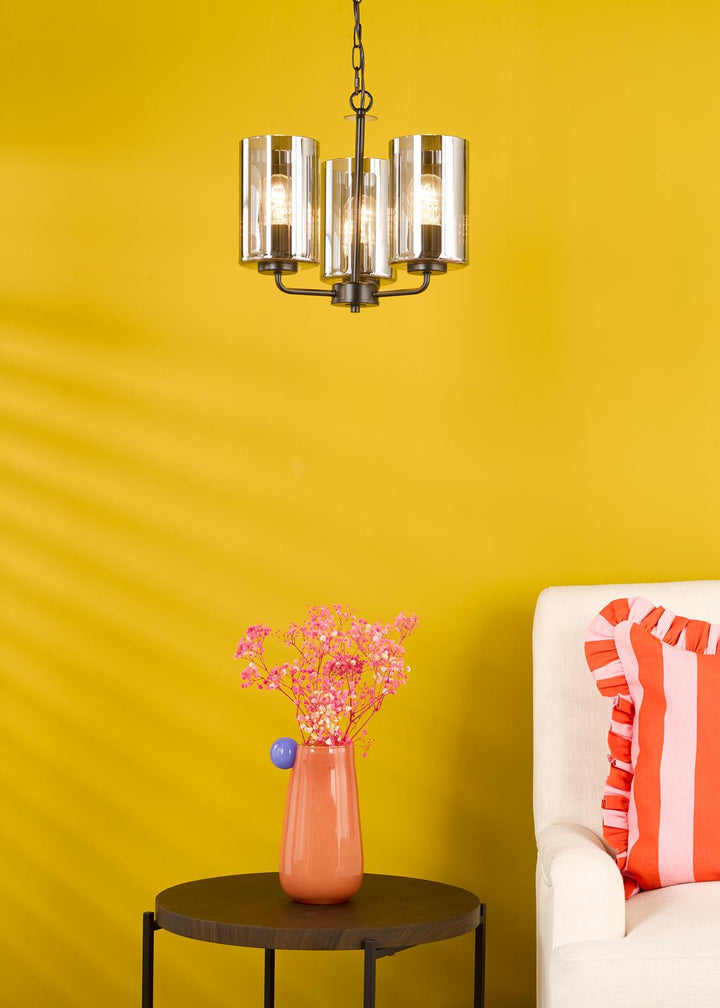 Dar DAY0322 Daylin 3 Light Pendant Satin Black and Smoked Ribbed Glass