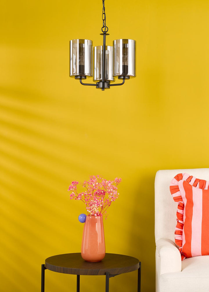Dar DAY0322 Daylin 3 Light Pendant Satin Black and Smoked Ribbed Glass