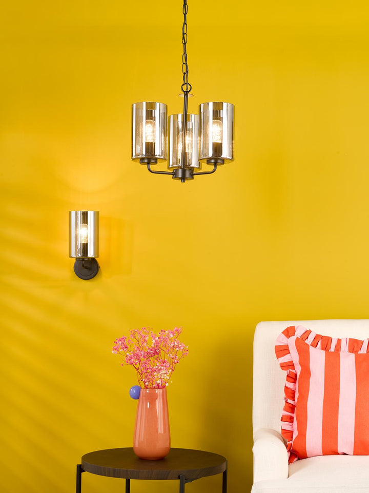 Dar DAY0322 Daylin 3 Light Pendant Satin Black and Smoked Ribbed Glass