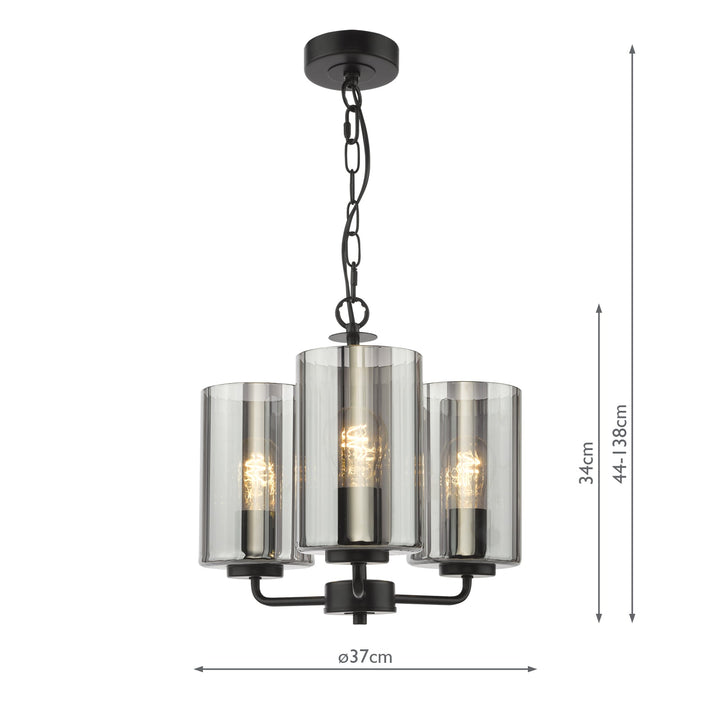 Dar DAY0322 Daylin 3 Light Pendant Satin Black and Smoked Ribbed Glass