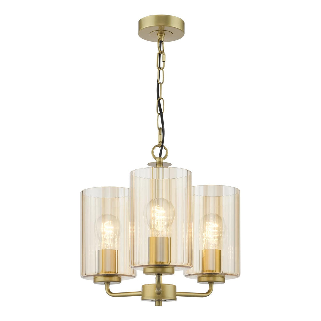 Dar DAY0335 Daylin 3 Light Pendant Satin Gold and Amber Ribbed Glass