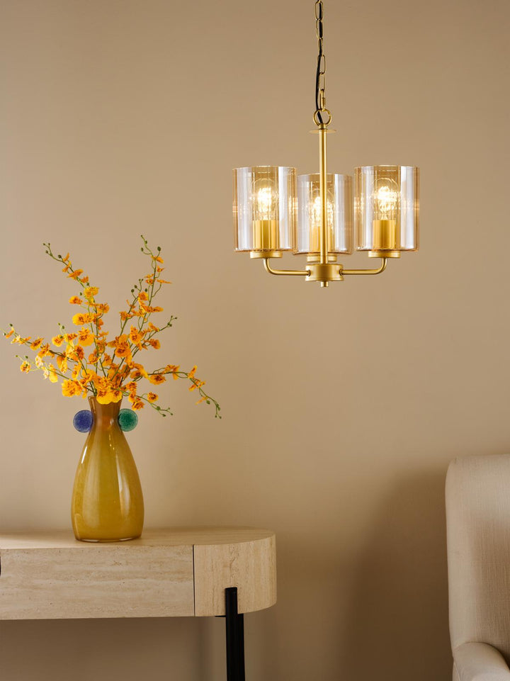 Dar DAY0335 Daylin 3 Light Pendant Satin Gold and Amber Ribbed Glass
