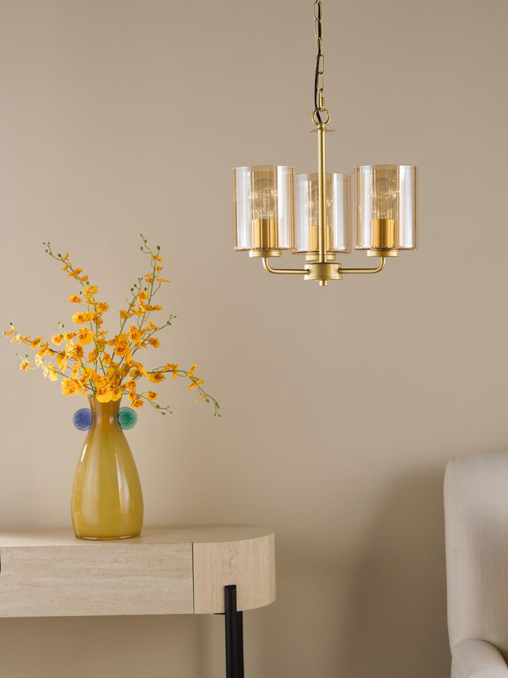 Dar DAY0335 Daylin 3 Light Pendant Satin Gold and Amber Ribbed Glass