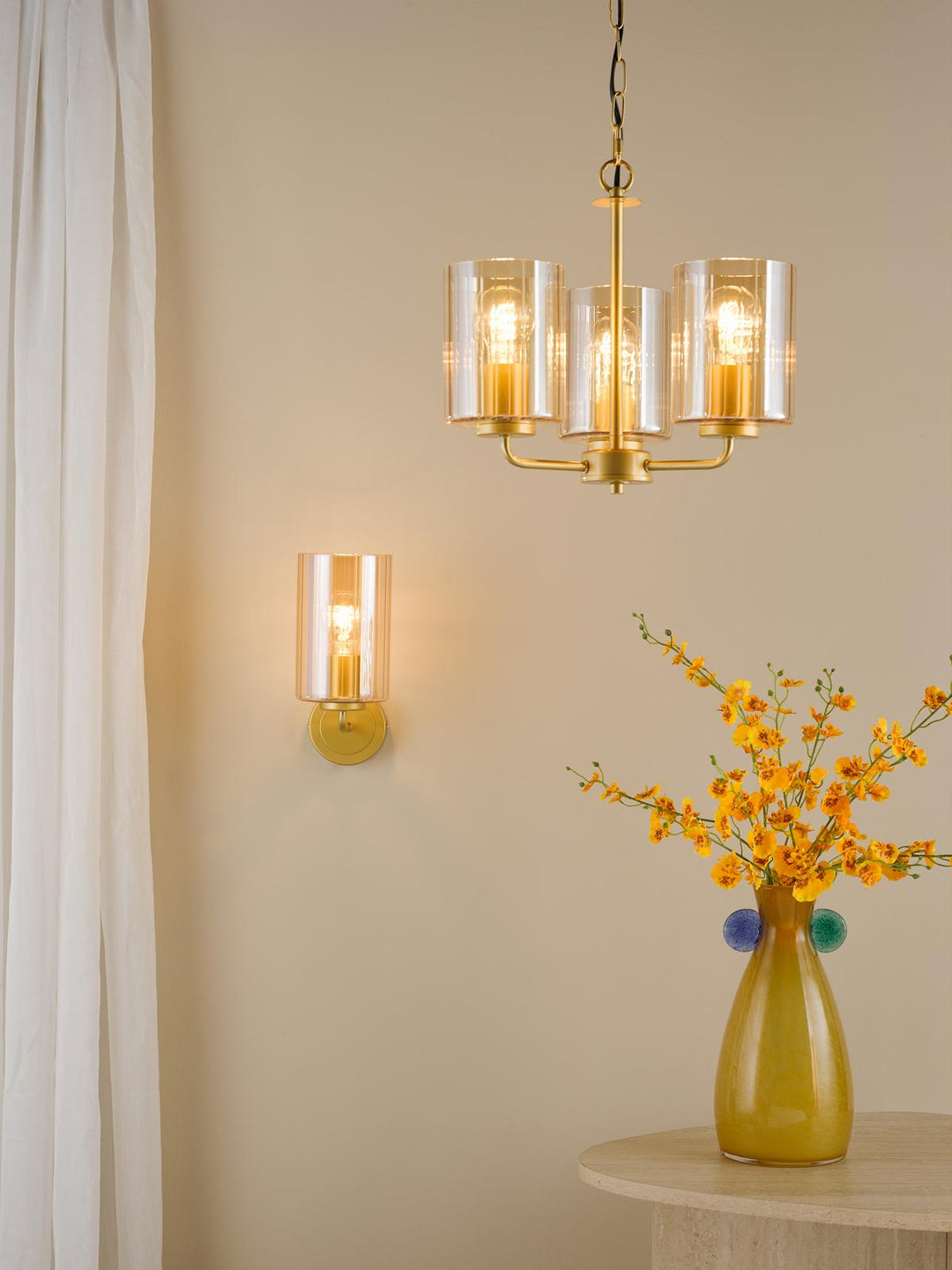 Dar DAY0335 Daylin 3 Light Pendant Satin Gold and Amber Ribbed Glass