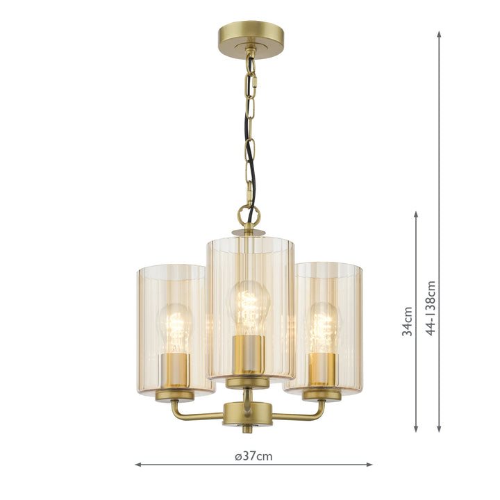 Dar DAY0335 Daylin 3 Light Pendant Satin Gold and Amber Ribbed Glass