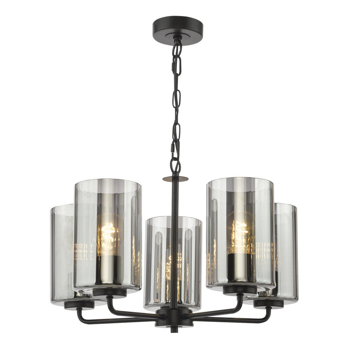 Dar DAY0522 Daylin 5 Light Pendant Satin Black and Smoked Ribbed Glass