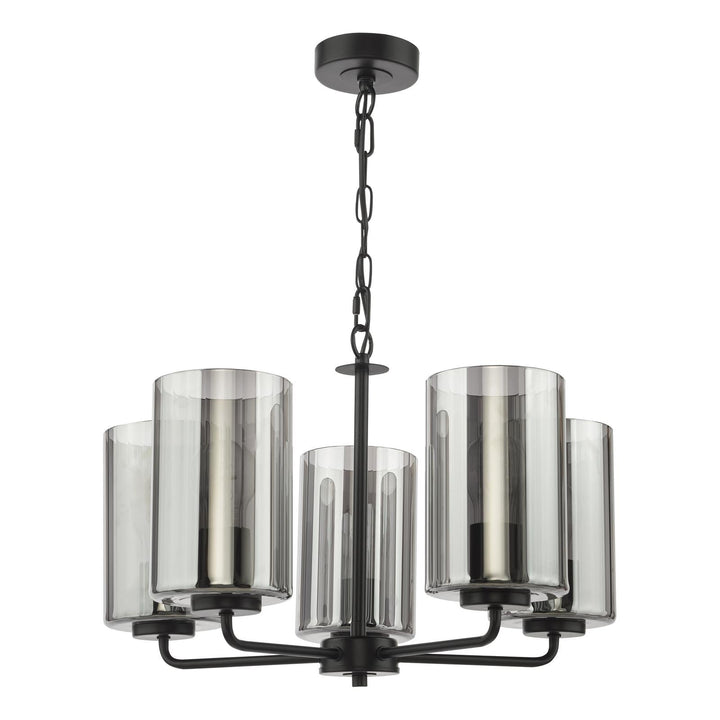 Dar DAY0522 Daylin 5 Light Pendant Satin Black and Smoked Ribbed Glass
