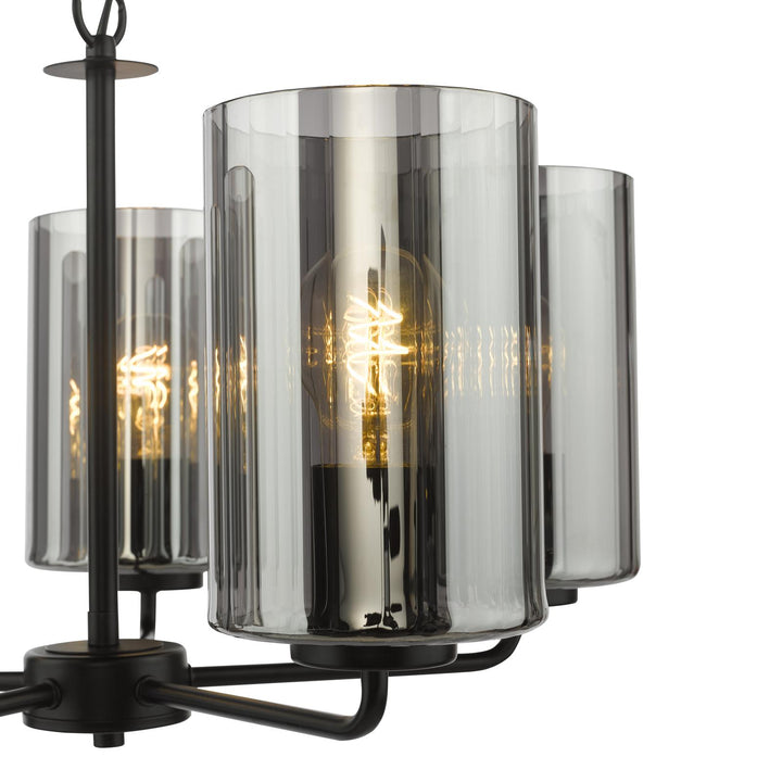 Dar DAY0522 Daylin 5 Light Pendant Satin Black and Smoked Ribbed Glass