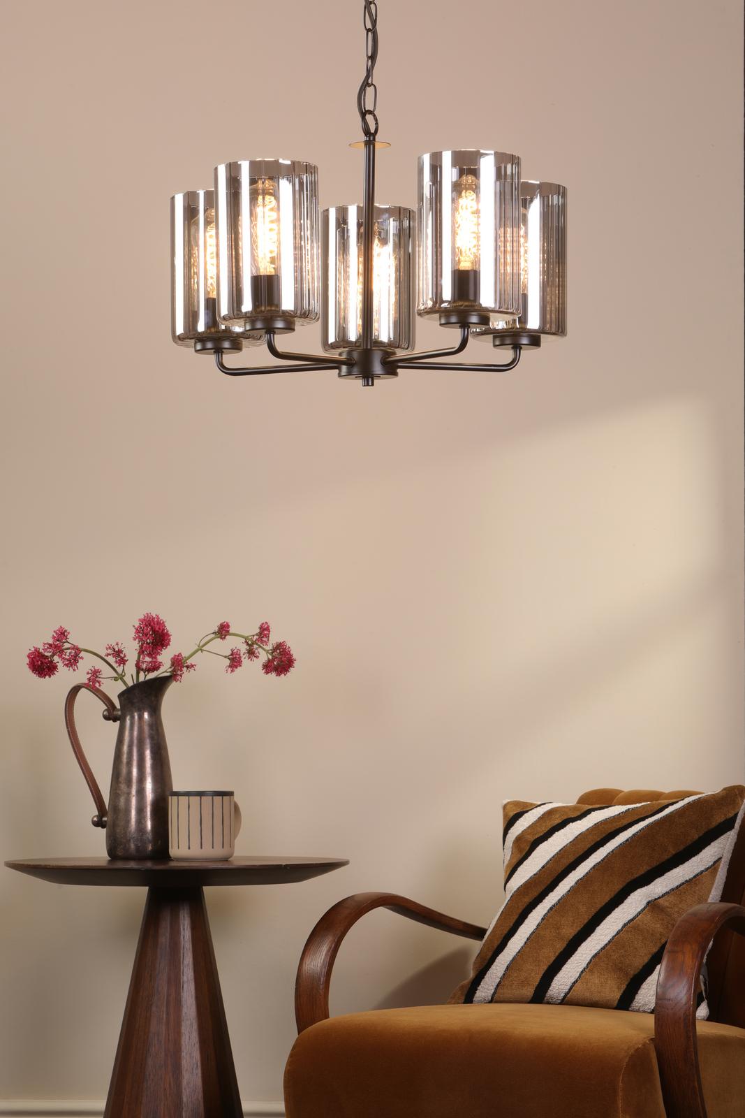 Dar DAY0522 Daylin 5 Light Pendant Satin Black and Smoked Ribbed Glass
