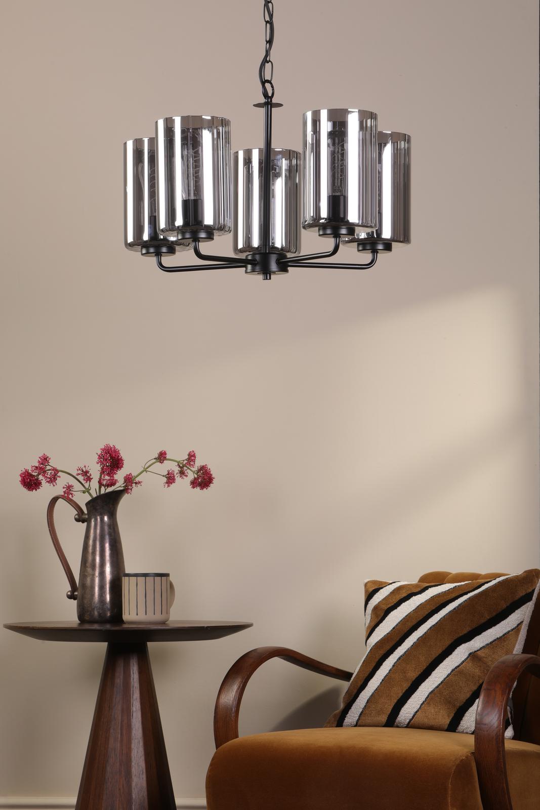Dar DAY0522 Daylin 5 Light Pendant Satin Black and Smoked Ribbed Glass