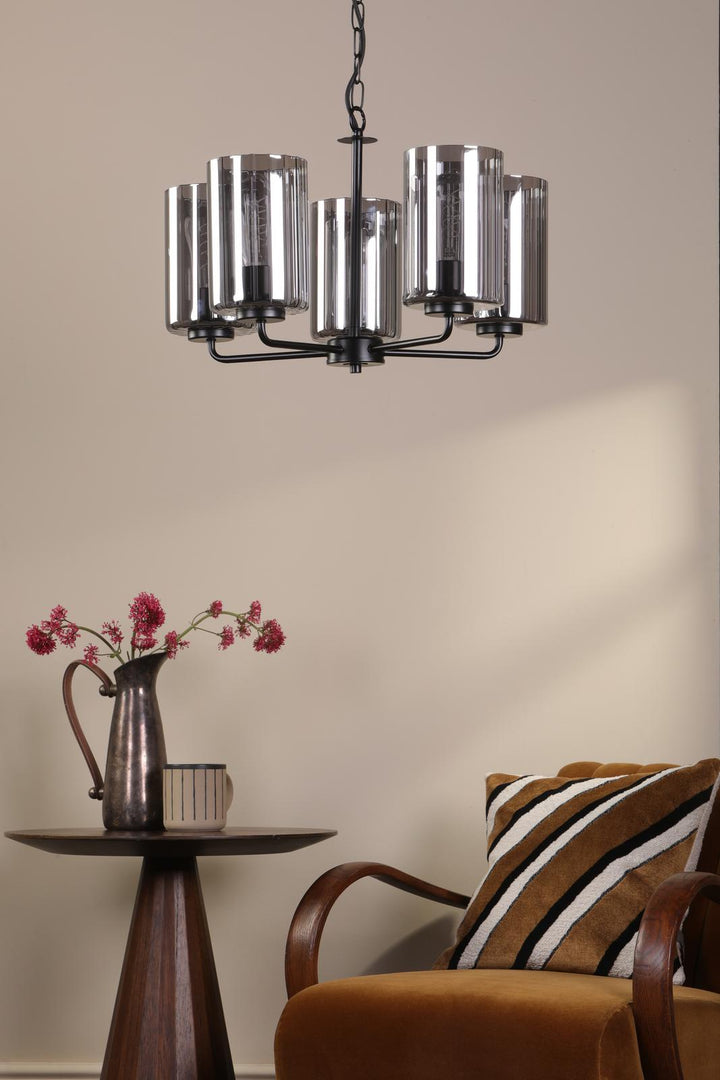 Dar DAY0522 Daylin 5 Light Pendant Satin Black and Smoked Ribbed Glass