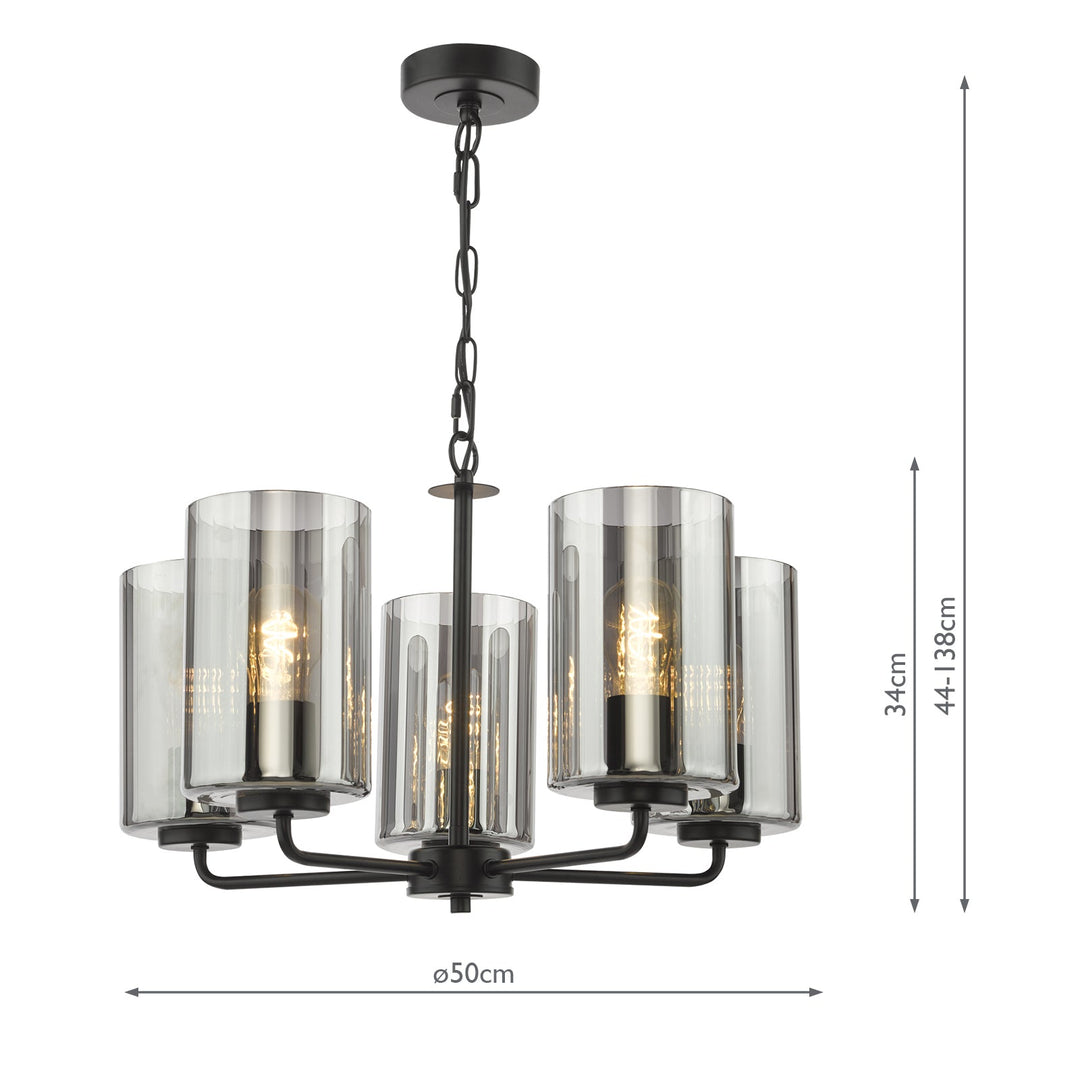 Dar DAY0522 Daylin 5 Light Pendant Satin Black and Smoked Ribbed Glass