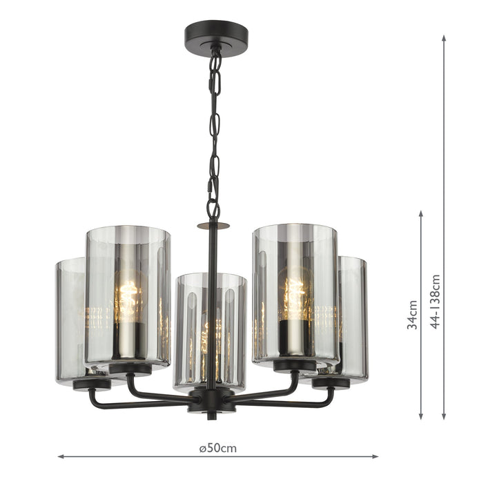 Dar DAY0522 Daylin 5 Light Pendant Satin Black and Smoked Ribbed Glass