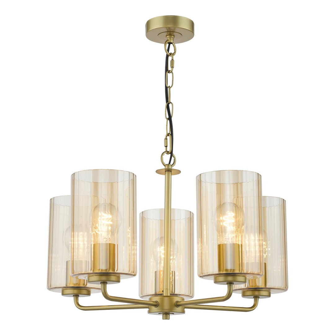 Dar DAY0535 Daylin 5 Light Pendant Satin Gold and Amber Ribbed Glass