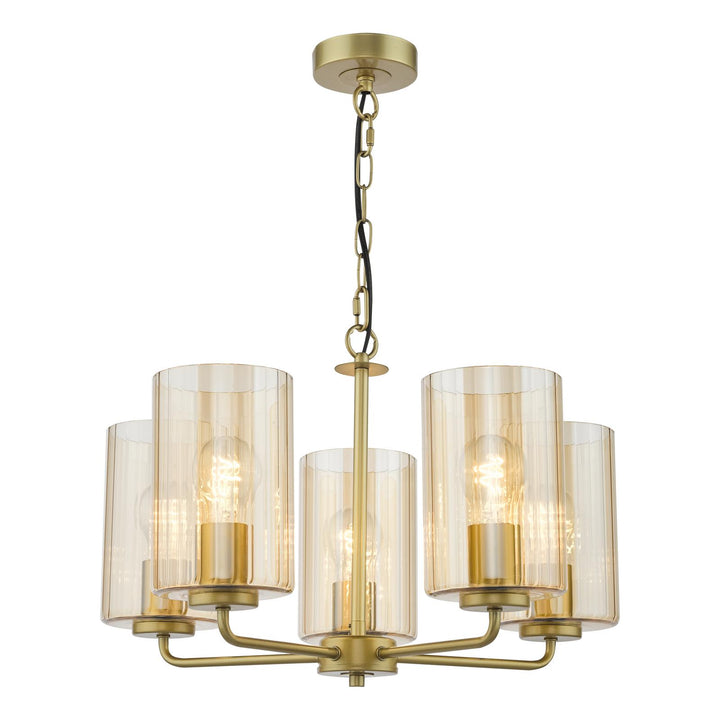 Dar DAY0535 Daylin 5 Light Pendant Satin Gold and Amber Ribbed Glass