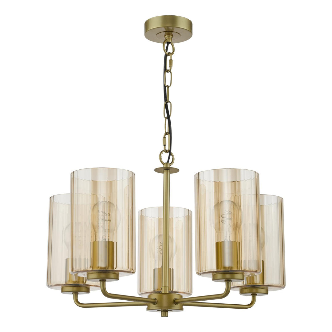Dar DAY0535 Daylin 5 Light Pendant Satin Gold and Amber Ribbed Glass