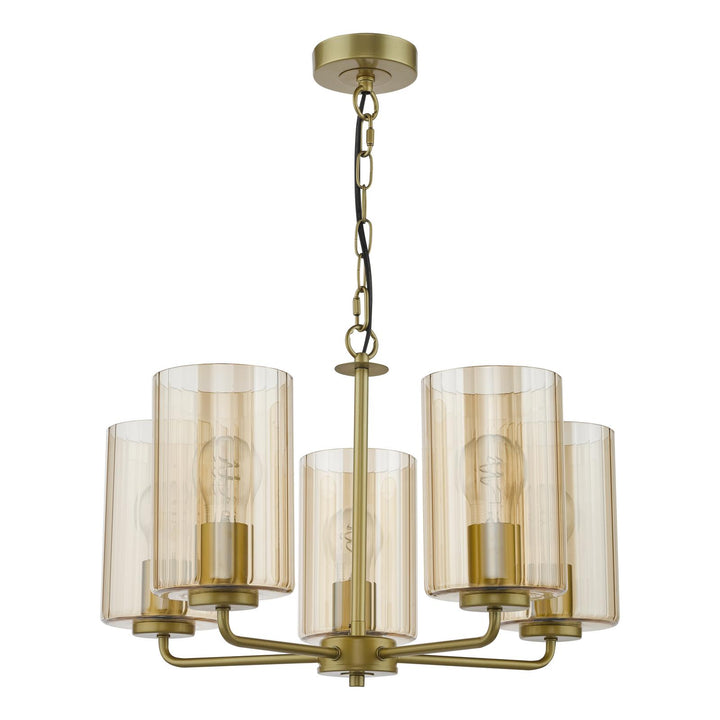 Dar DAY0535 Daylin 5 Light Pendant Satin Gold and Amber Ribbed Glass