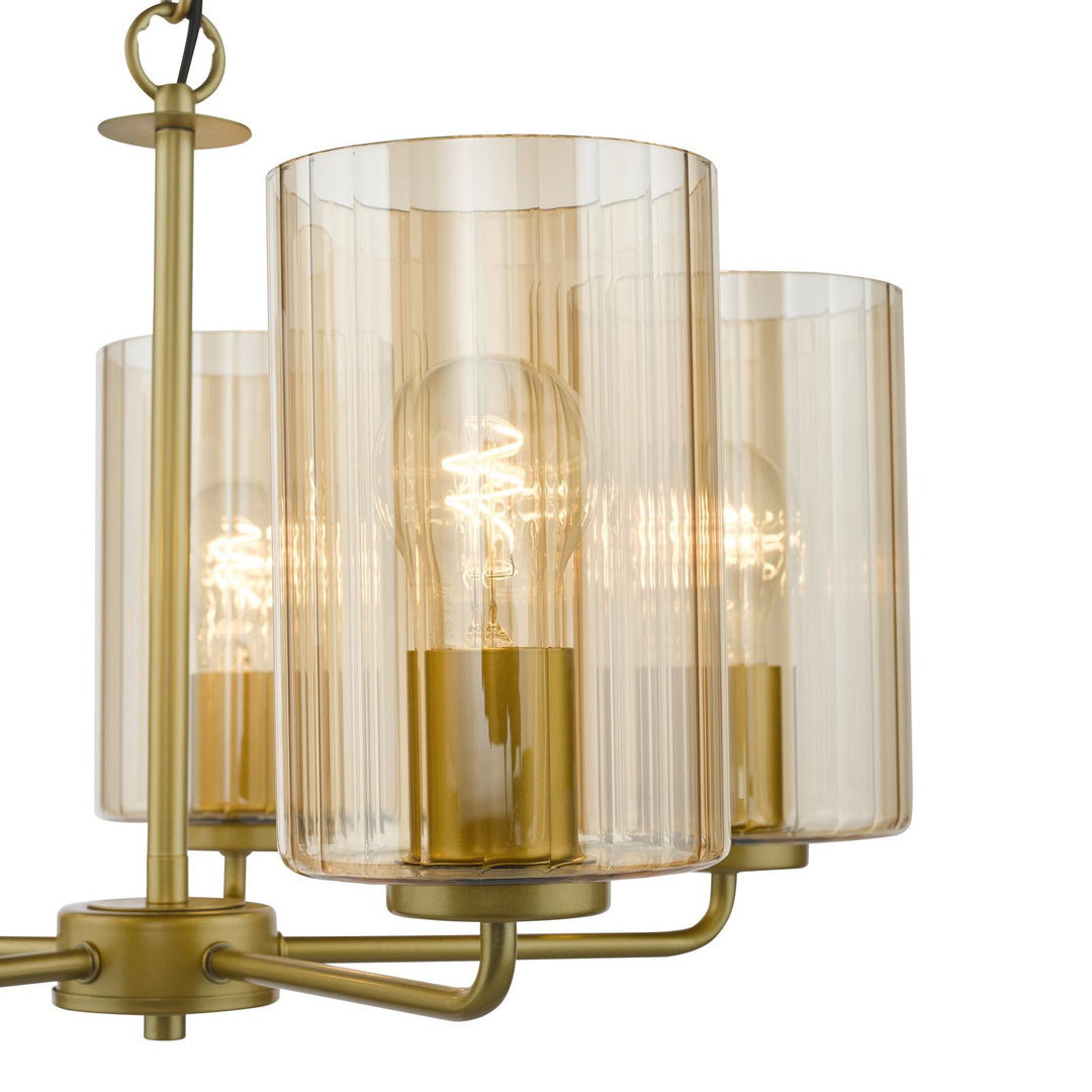 Dar DAY0535 Daylin 5 Light Pendant Satin Gold and Amber Ribbed Glass