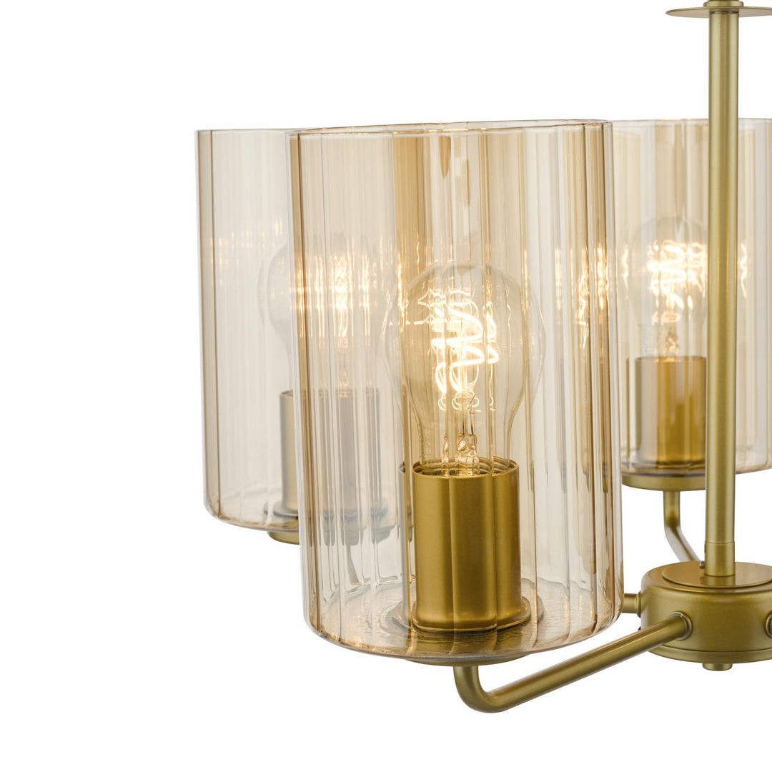 Dar DAY0535 Daylin 5 Light Pendant Satin Gold and Amber Ribbed Glass