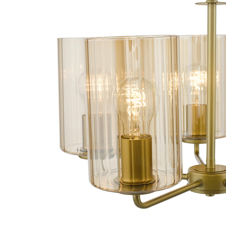 Dar DAY0535 Daylin 5 Light Pendant Satin Gold and Amber Ribbed Glass