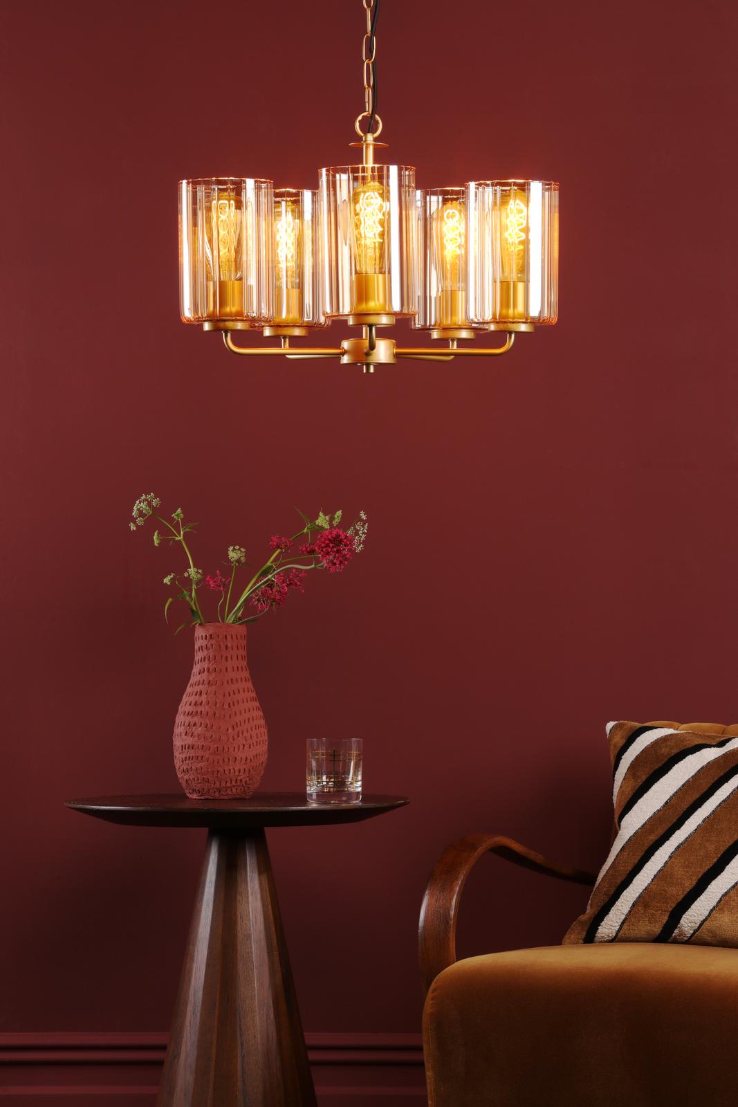Dar DAY0535 Daylin 5 Light Pendant Satin Gold and Amber Ribbed Glass
