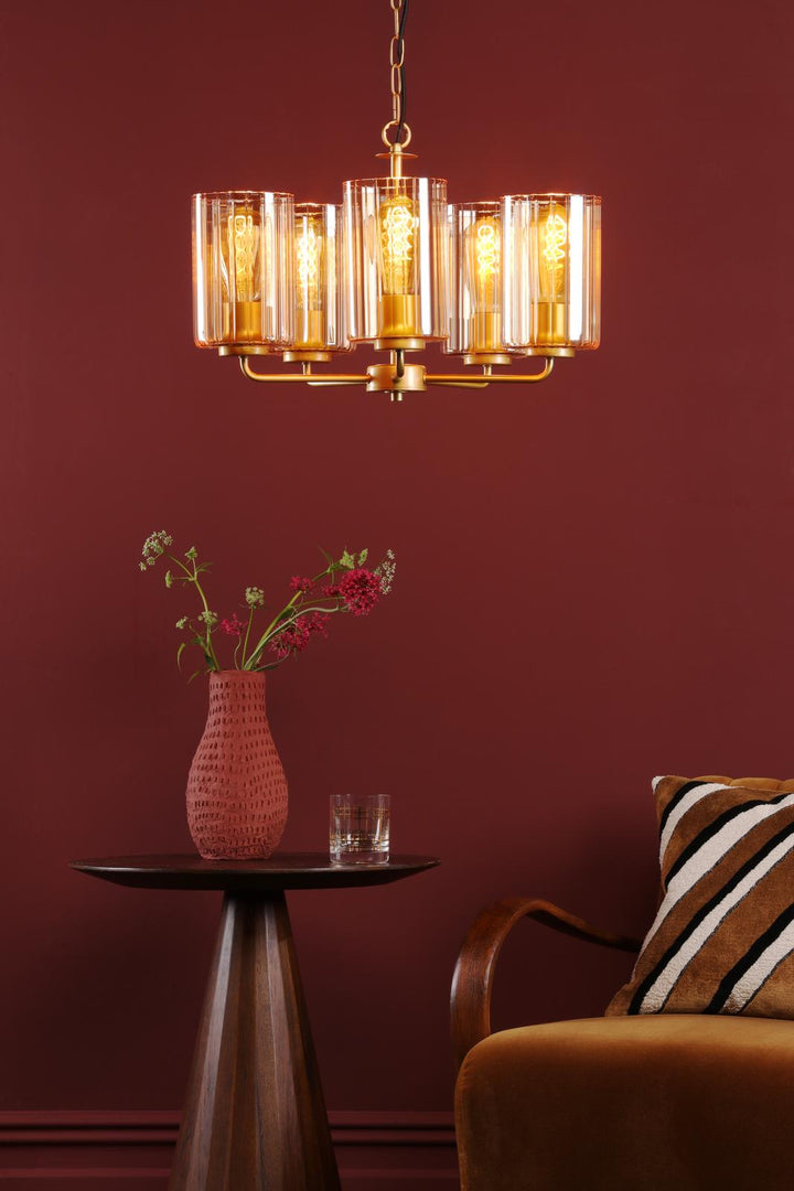Dar DAY0535 Daylin 5 Light Pendant Satin Gold and Amber Ribbed Glass