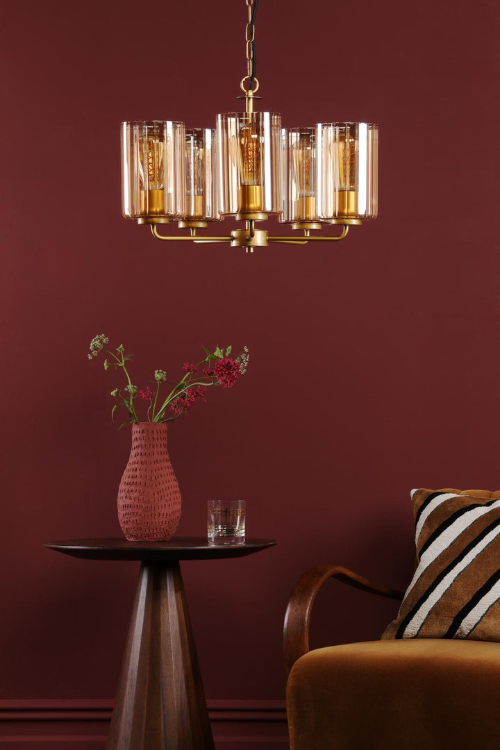 Dar DAY0535 Daylin 5 Light Pendant Satin Gold and Amber Ribbed Glass