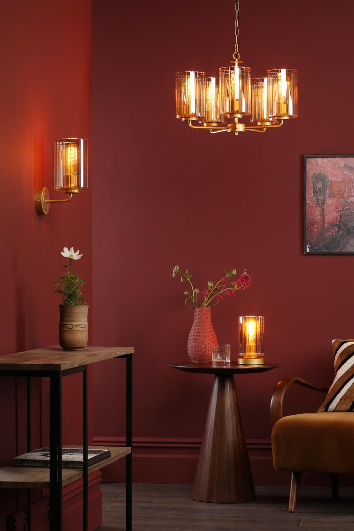 Dar DAY0535 Daylin 5 Light Pendant Satin Gold and Amber Ribbed Glass