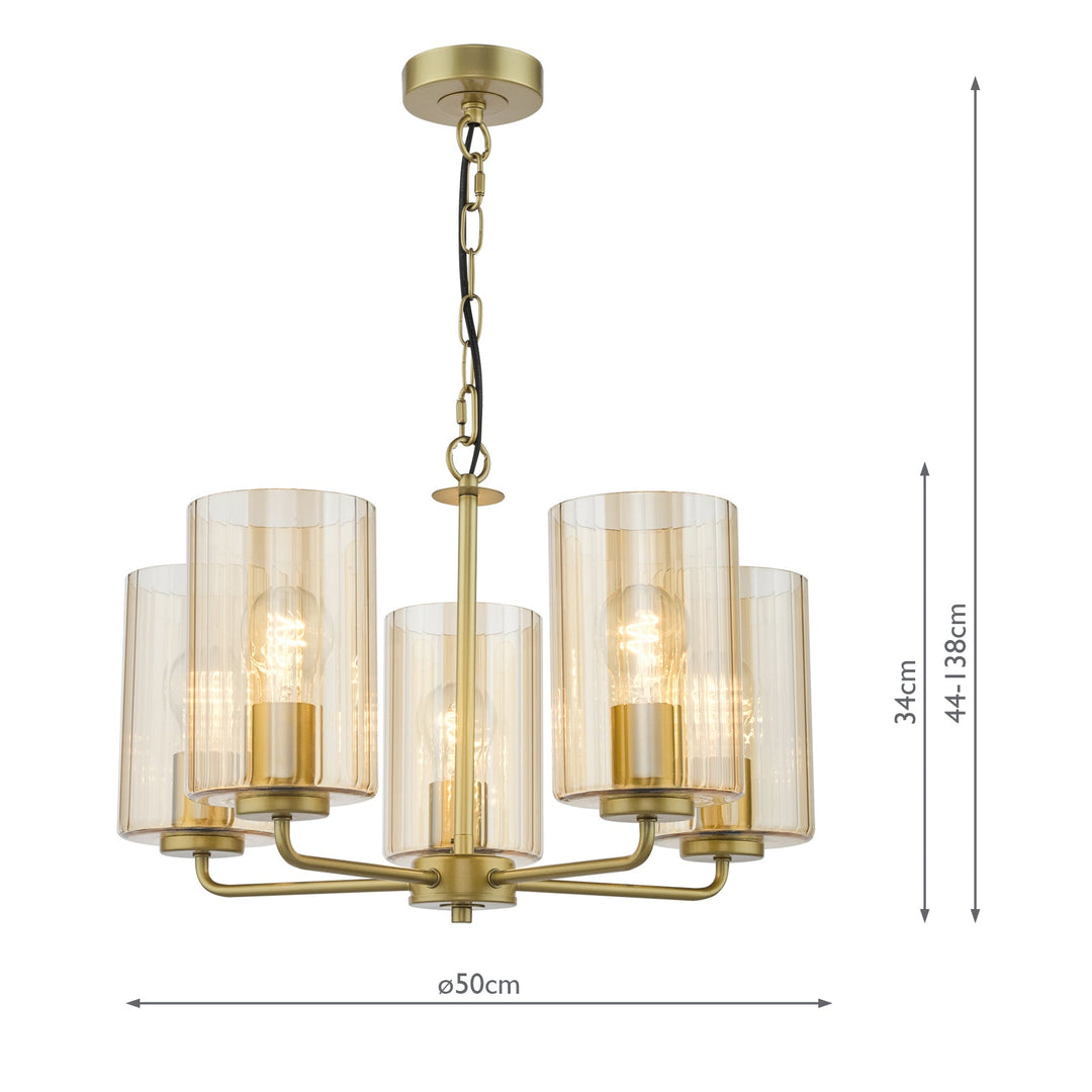 Dar DAY0535 Daylin 5 Light Pendant Satin Gold and Amber Ribbed Glass