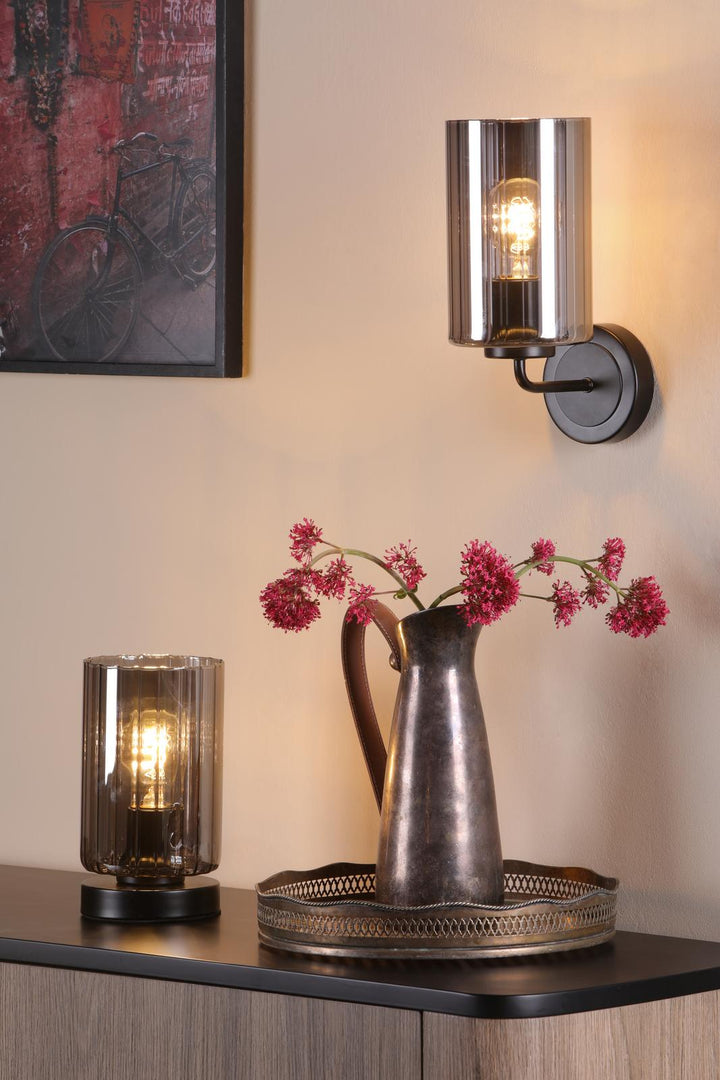Dar DAY0722 Daylin Wall Light Satin Black and Smoked Ribbed Glass