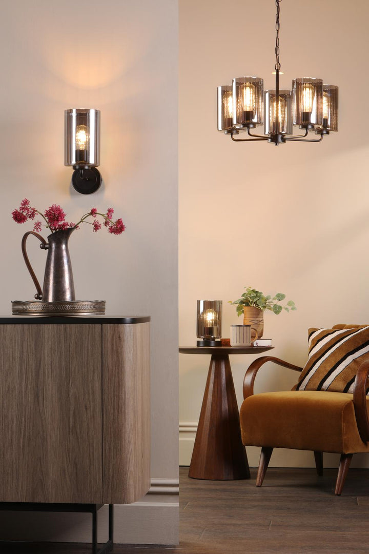 Dar DAY0722 Daylin Wall Light Satin Black and Smoked Ribbed Glass