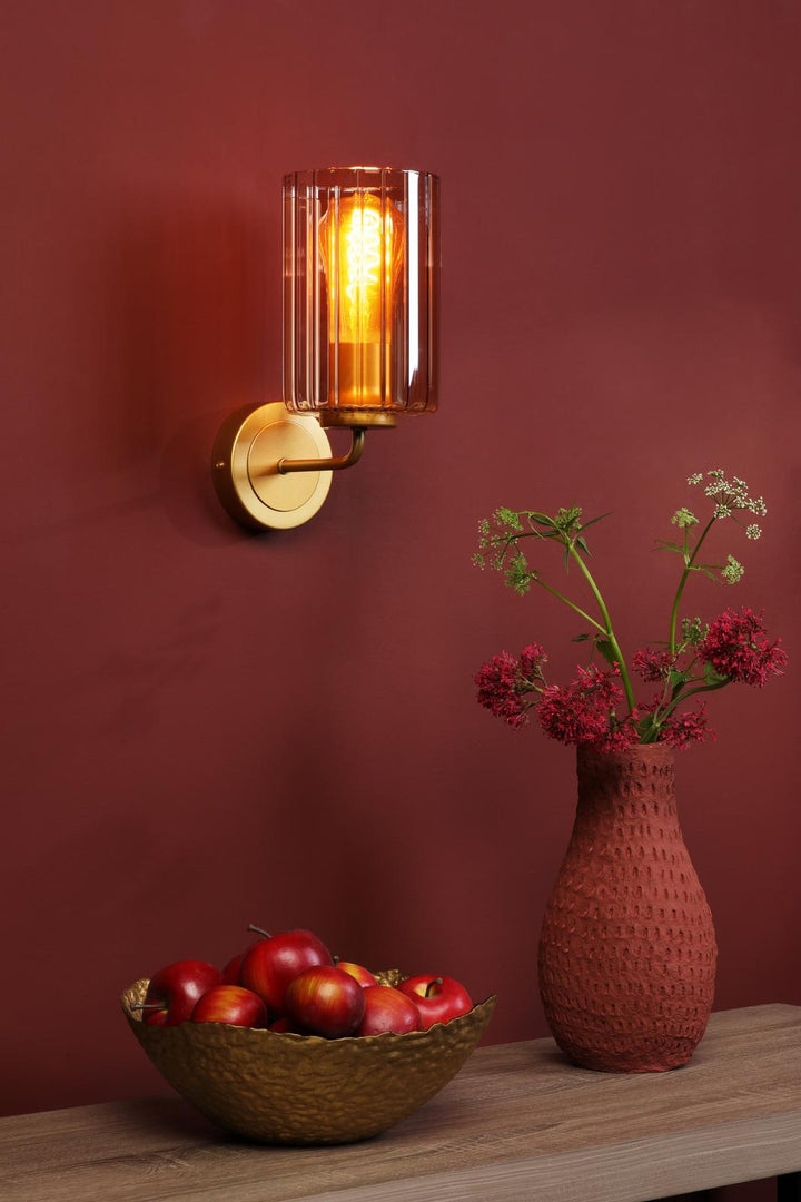 Dar DAY0735 Daylin Wall Light Satin Gold and Amber Ribbed Glass