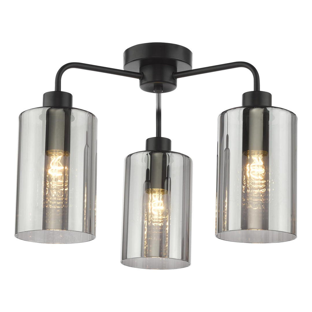 Dar DAY5322 Daylin 3 Light Semi-Flush Satin Black and Smoked Ribbed Glass