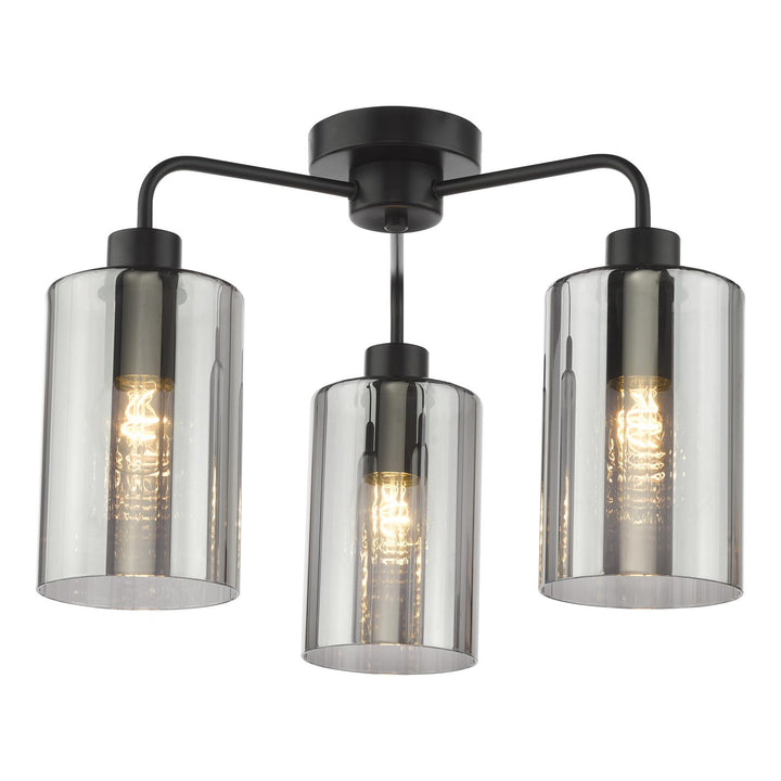 Dar DAY5322 Daylin 3 Light Semi-Flush Satin Black and Smoked Ribbed Glass