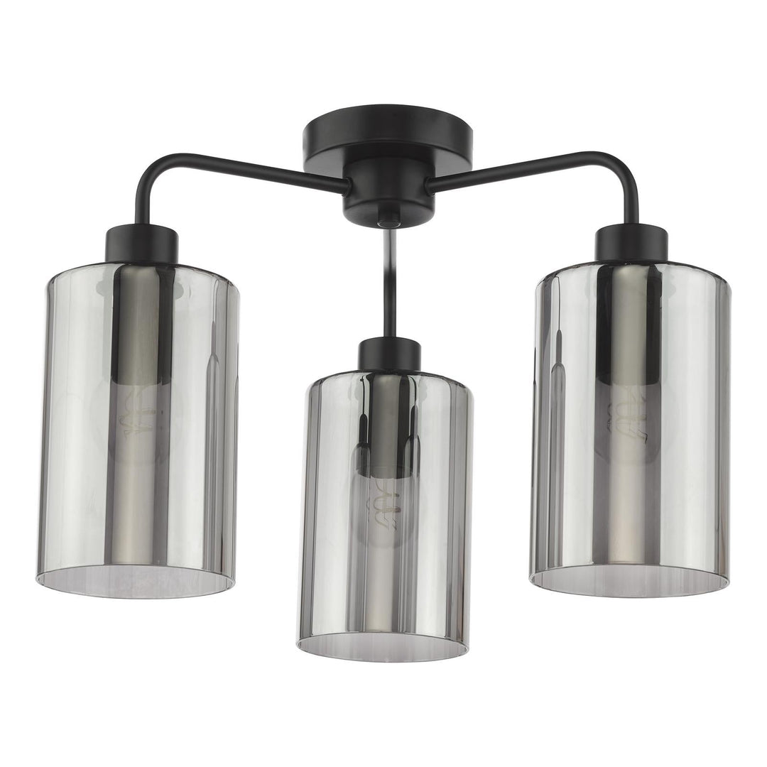 Dar DAY5322 Daylin 3 Light Semi-Flush Satin Black and Smoked Ribbed Glass