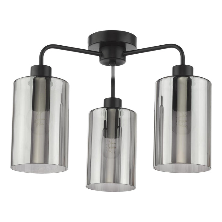 Dar DAY5322 Daylin 3 Light Semi-Flush Satin Black and Smoked Ribbed Glass