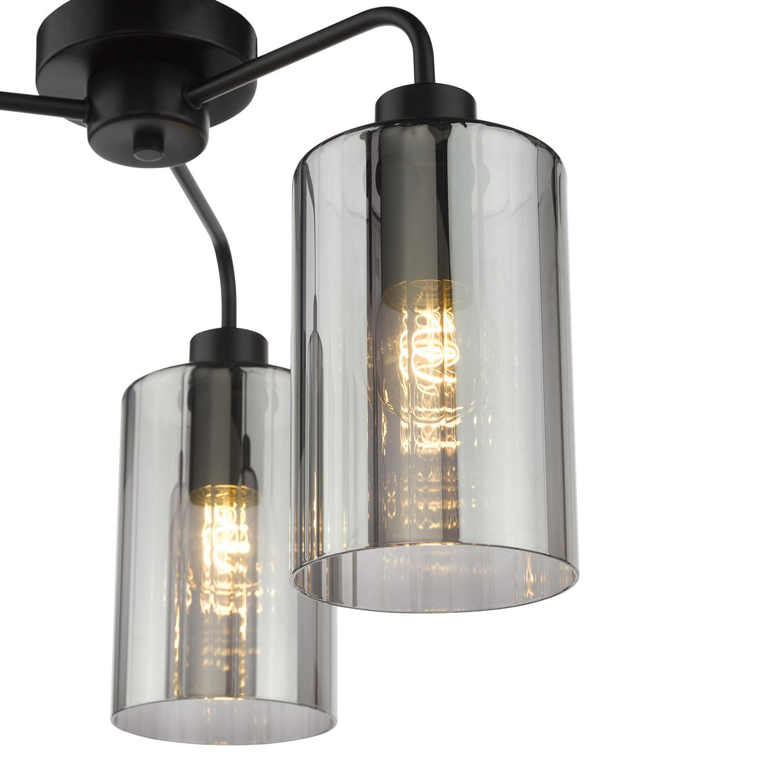 Dar DAY5322 Daylin 3 Light Semi-Flush Satin Black and Smoked Ribbed Glass