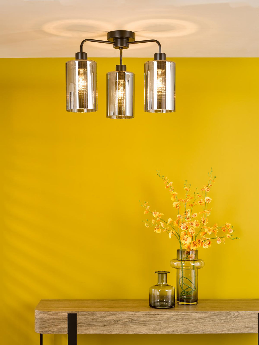Dar DAY5322 Daylin 3 Light Semi-Flush Satin Black and Smoked Ribbed Glass