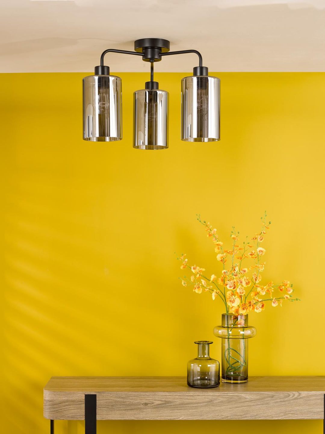 Dar DAY5322 Daylin 3 Light Semi-Flush Satin Black and Smoked Ribbed Glass