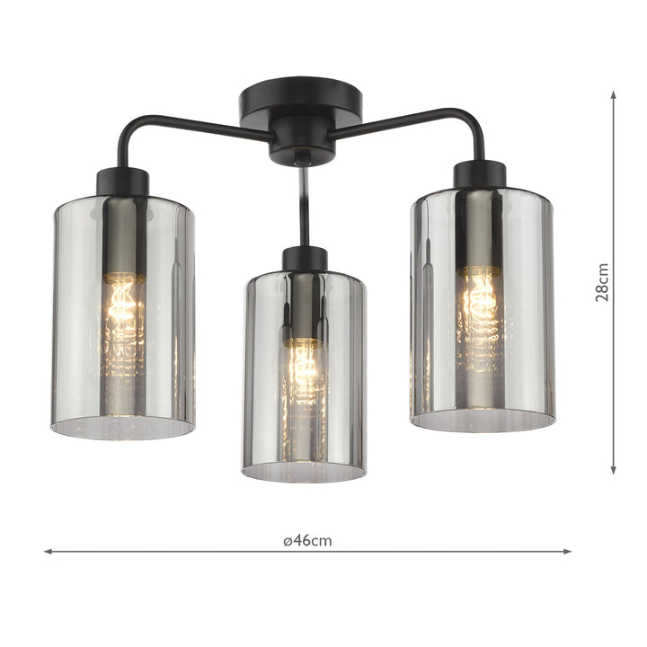 Dar DAY5322 Daylin 3 Light Semi-Flush Satin Black and Smoked Ribbed Glass