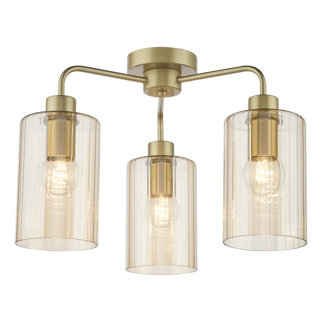 Dar DAY5335 Daylin 3 Light Semi-Flush Satin Gold and Amber Ribbed Glass