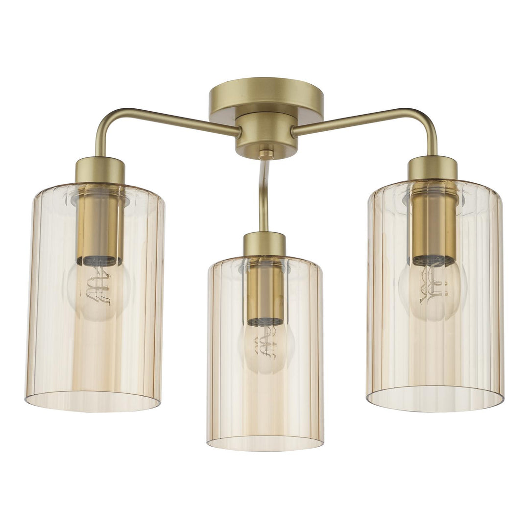 Dar DAY5335 Daylin 3 Light Semi-Flush Satin Gold and Amber Ribbed Glass