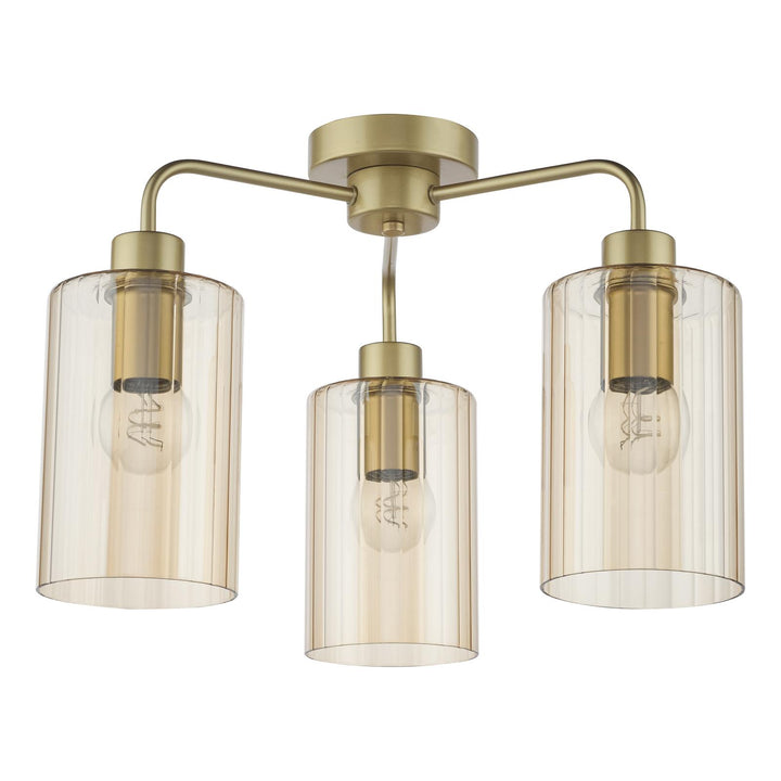 Dar DAY5335 Daylin 3 Light Semi-Flush Satin Gold and Amber Ribbed Glass