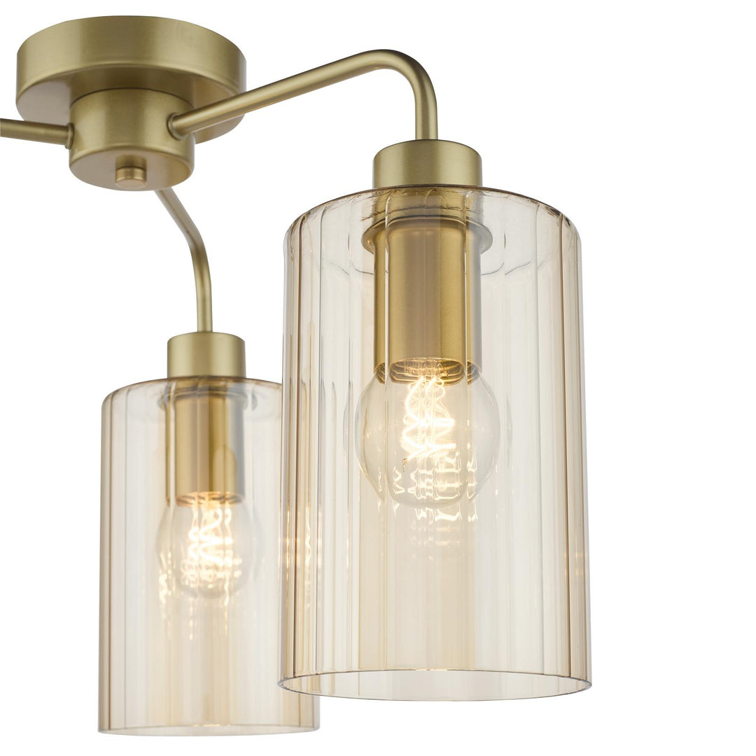 Dar DAY5335 Daylin 3 Light Semi-Flush Satin Gold and Amber Ribbed Glass