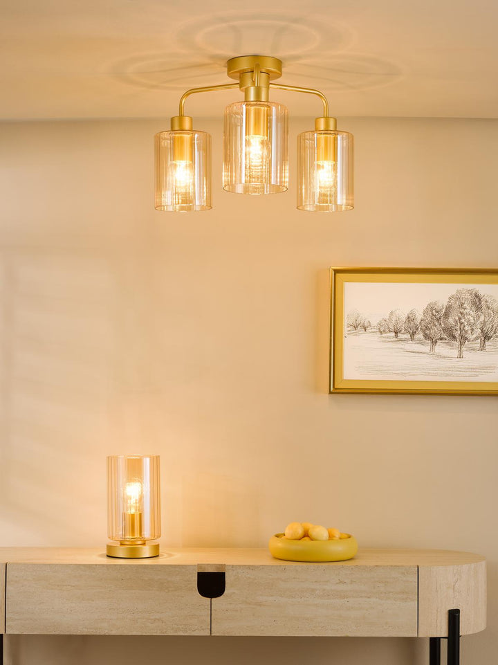 Dar DAY5335 Daylin 3 Light Semi-Flush Satin Gold and Amber Ribbed Glass