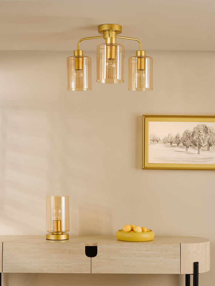 Dar DAY5335 Daylin 3 Light Semi-Flush Satin Gold and Amber Ribbed Glass